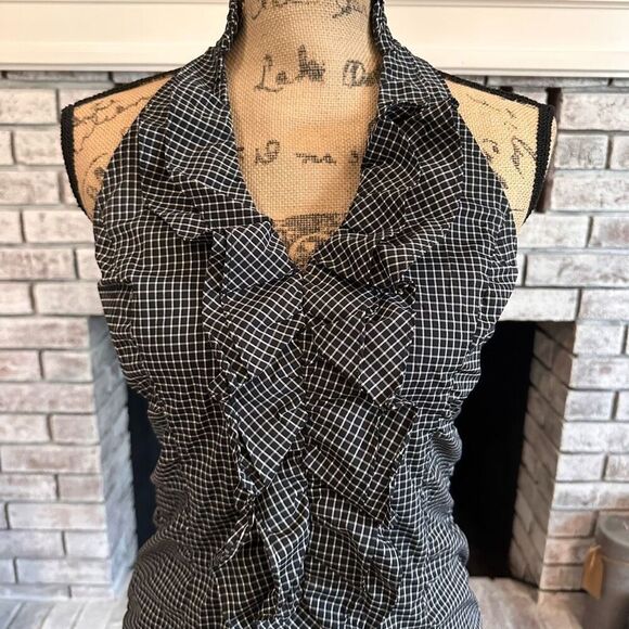 Express Y2K Ruffle Front Structured Plaid Blouse‎ Size Small Black & White - Picture 2 of 12